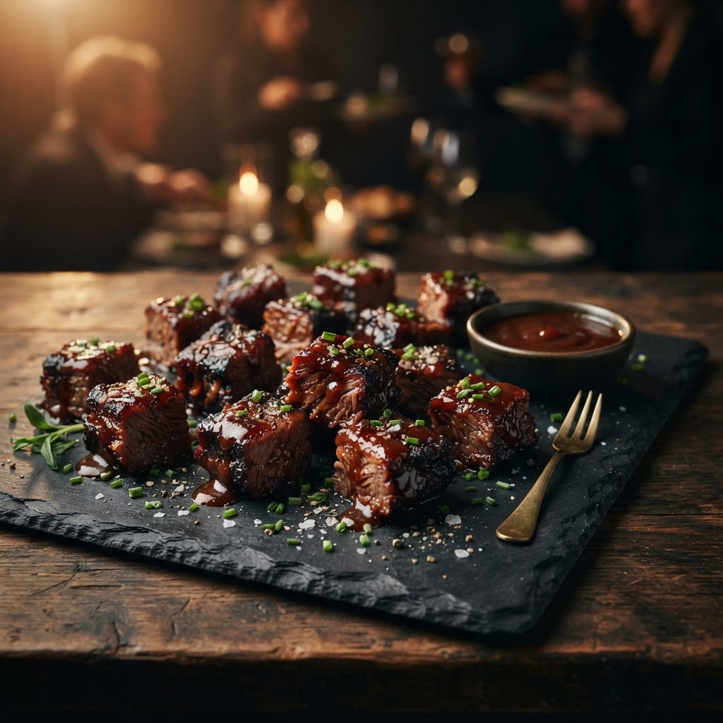 Slow-cooked brisket bites glazed with smoky BBQ sauce