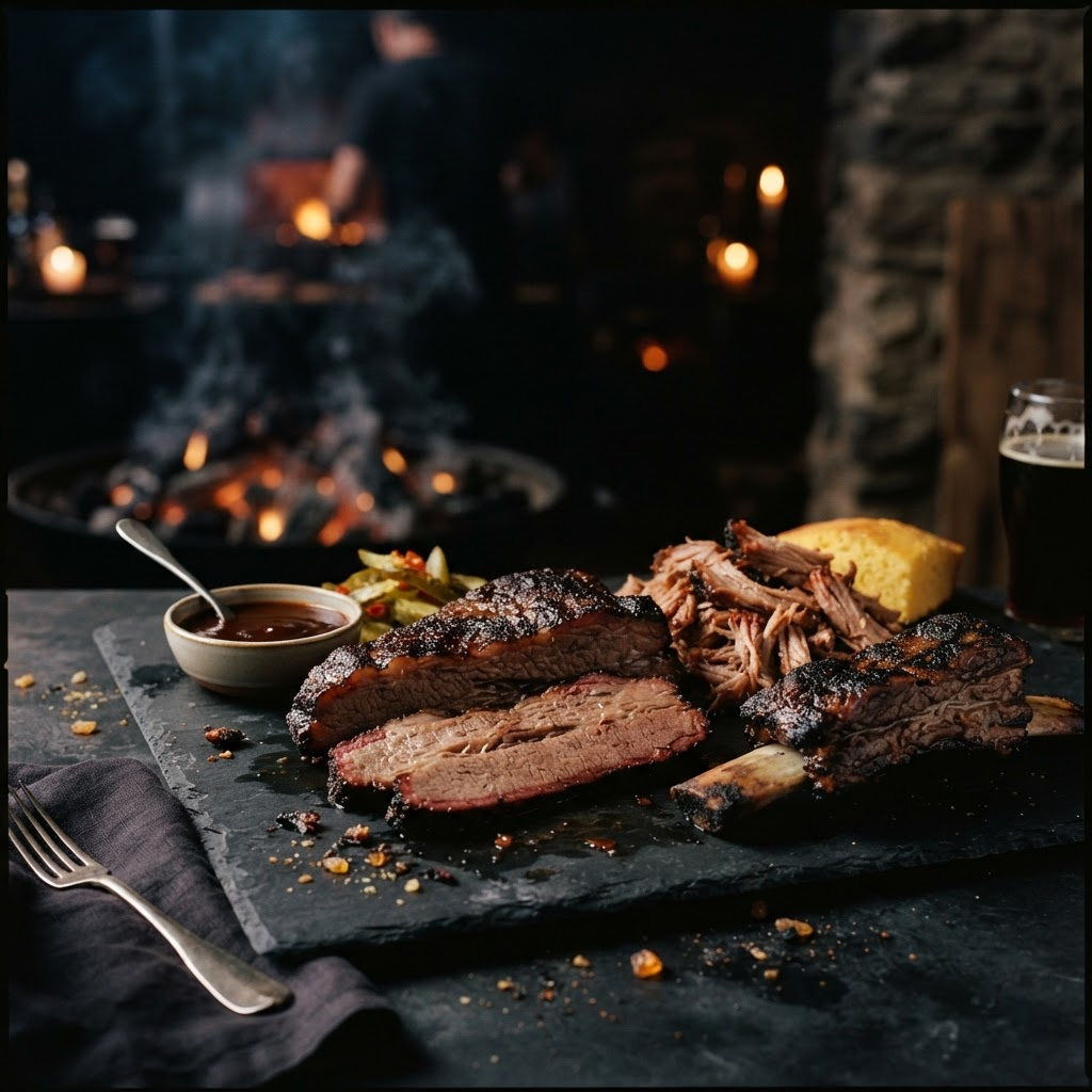 Slow-smoked gourmet BBQ platters with rising smoke